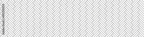 Herringbone floor. Seamless tile pattern. Paving slab background. Outline cladding texture. Timber masonry. Geometric diagonal grid. Ceramic check print. Subway monochrome panel. Vector illustration