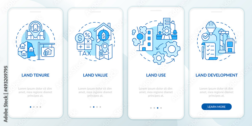 Land management practice blue onboarding mobile app screen. Walkthrough 4 steps graphic instructions pages with linear concepts. UI, UX, GUI template. Myriad Pro-Bold, Regular fonts used