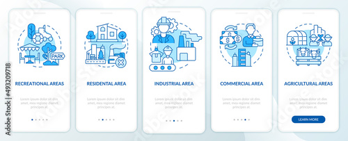 Different uses of land categories blue onboarding mobile app screen. Walkthrough 5 steps graphic instructions pages with linear concepts. UI, UX, GUI template. Myriad Pro-Bold, Regular fonts used