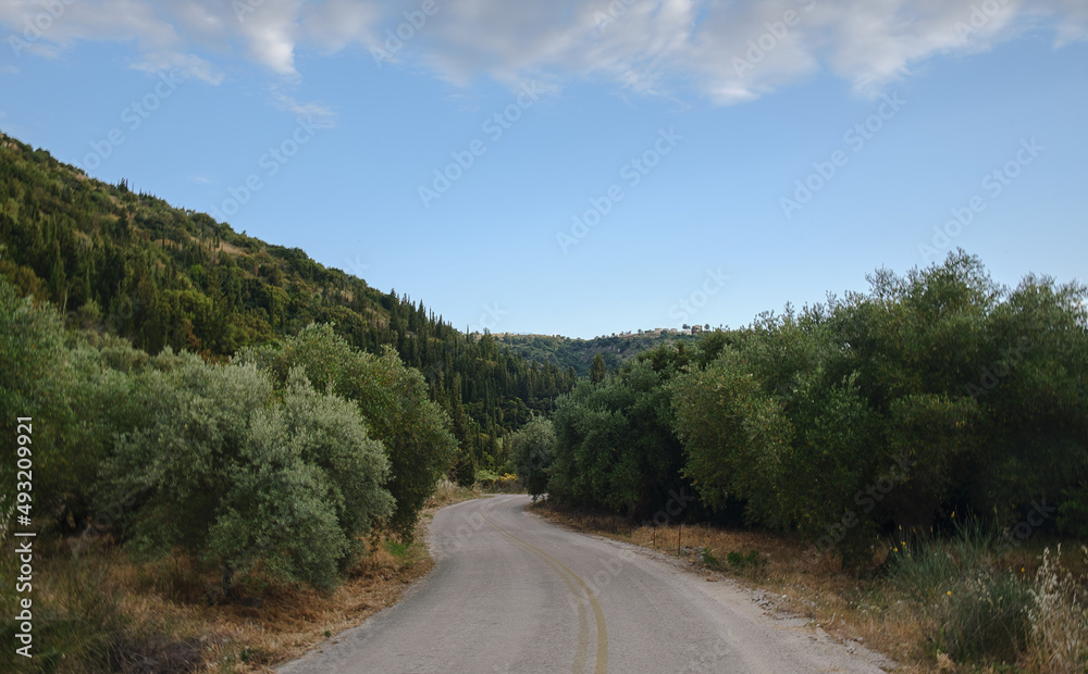 Countryside road in Greece with olive trees and hills.