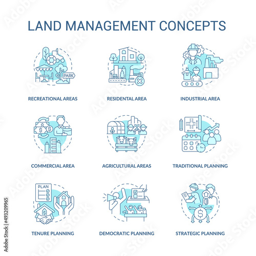 Land management turquoise concept icons set. Democratic planning idea thin line color illustrations. Strategic plan. Isolated symbols. Editable stroke. Roboto-Medium, Myriad Pro-Bold fonts used
