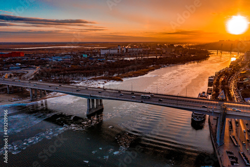 Bridge crossing Don river at Rostov on Don sunset photo