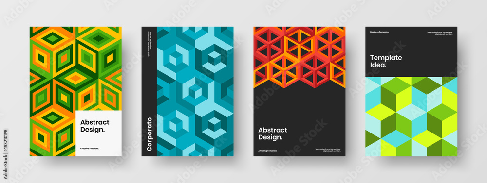 Multicolored company identity A4 vector design concept set. Bright geometric shapes journal cover illustration composition.
