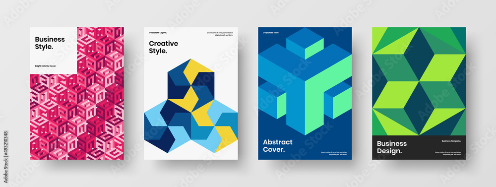 Minimalistic booklet A4 vector design template set. Unique geometric tiles book cover concept bundle.