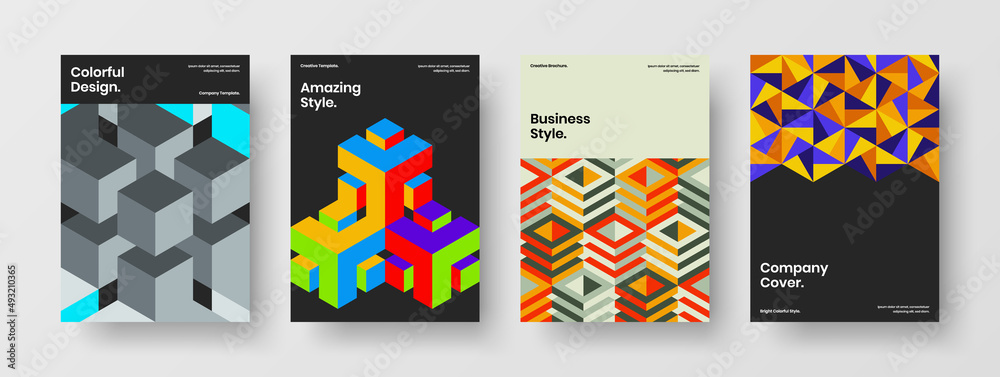 Bright geometric hexagons front page template composition. Minimalistic book cover A4 vector design illustration collection.