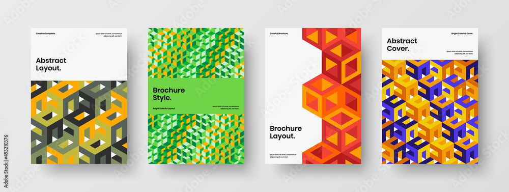 Minimalistic geometric pattern pamphlet template collection. Original booklet A4 design vector illustration set.