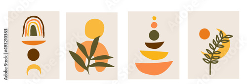 Collection of modern vector abstractions with geometric shapes and plants in bohemia style