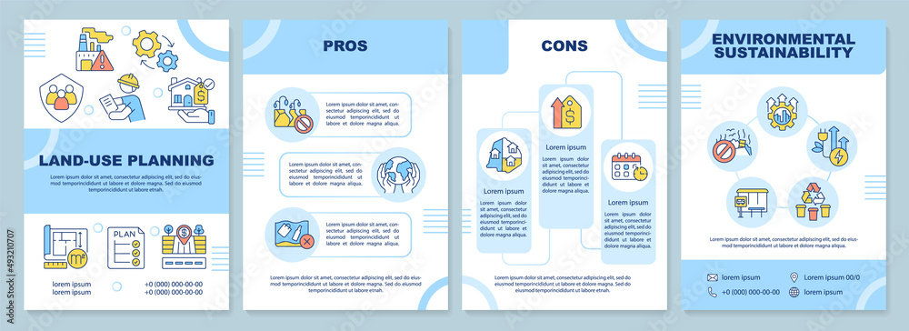 Land-use planning blue brochure template. Environmental sustainability. Leaflet design with linear icons. 4 vector layouts for presentation, annual reports. Arial-Black, Myriad Pro-Regular fonts used