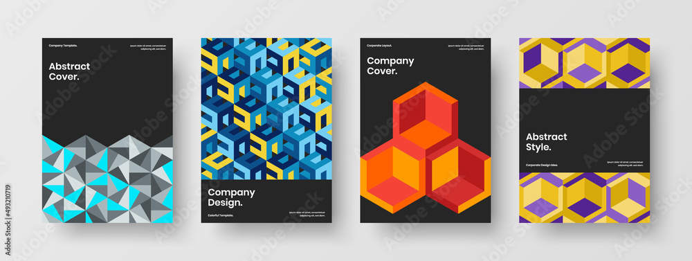 Abstract geometric tiles annual report layout composition. Fresh booklet design vector concept bundle.