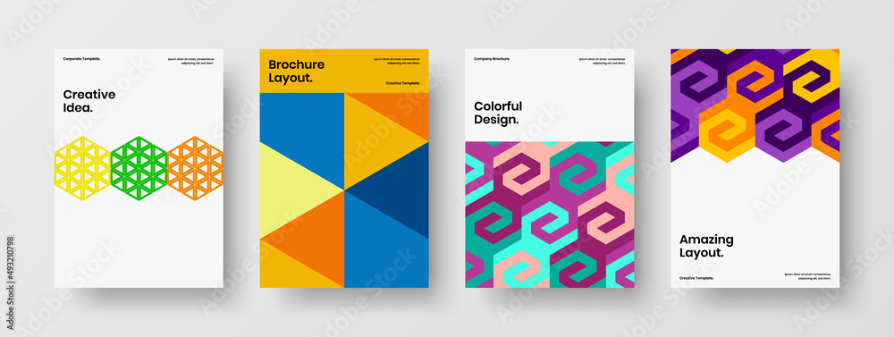 Premium corporate identity A4 vector design layout collection. Multicolored geometric hexagons annual report template set.
