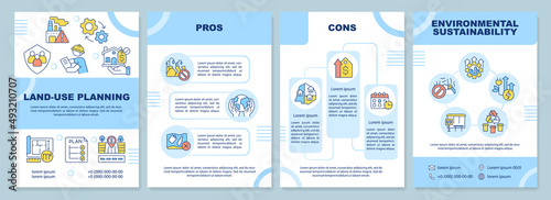 Land-use planning blue brochure template. Environmental sustainability. Leaflet design with linear icons. 4 vector layouts for presentation, annual reports. Arial-Black, Myriad Pro-Regular fonts used
