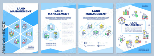 Land management blue brochure template. Safeguarding resources. Leaflet design with linear icons. 4 vector layouts for presentation, annual reports. Arial-Black, Myriad Pro-Regular fonts used