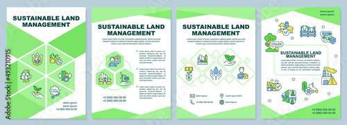 Sustainable land management brochure template. Eco-friendly approach. Leaflet design with linear icons. 4 vector layouts for presentation, annual reports. Arial-Black, Myriad Pro-Regular fonts used