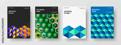 Bright handbill A4 vector design layout composition. Colorful mosaic shapes corporate brochure template bundle.