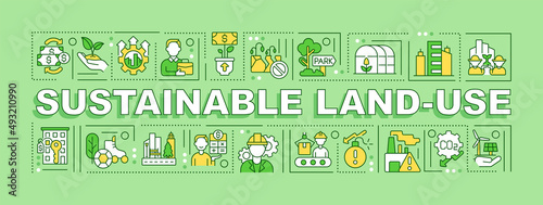 Sustainable land use word concepts green banner. Reducing climate related risk. Infographics with icons on color background. Isolated typography. Vector illustration with text. Arial-Black font used