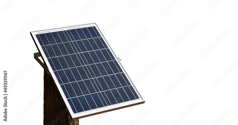 isolated mini solarcell panel on wooden pole with clipping paths, concept for storing and using natural power in agricultural areas around the world. isolated mini solarcell panel on wooden pole with clipping paths, concept for storing and using natural power in agricultural areas around the world.