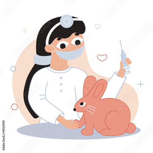 Vector flat cartoon illustration. The doctor treats the rabbit. The veterinarian gives an injection to the animal.