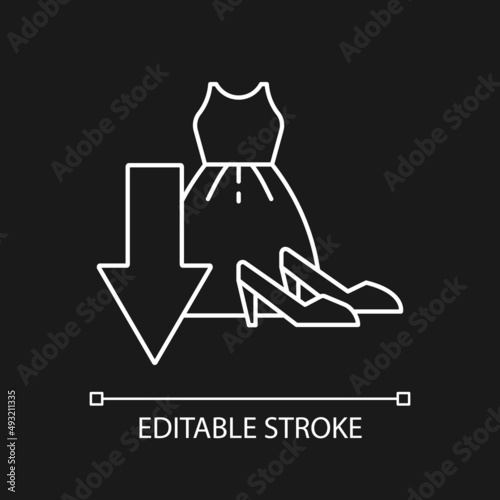 Cut down purchasing of clothes white linear icon for dark theme. Avoid overconsumption. Thin line illustration. Isolated symbol for night mode. Editable stroke. Arial font used for dark theme