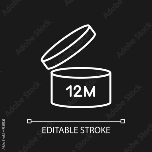 Jar with expiry date white linear icon for dark theme. Skin care products shelf life. Beauty products. Thin line illustration. Isolated symbol for night mode. Editable stroke. Arial font used
