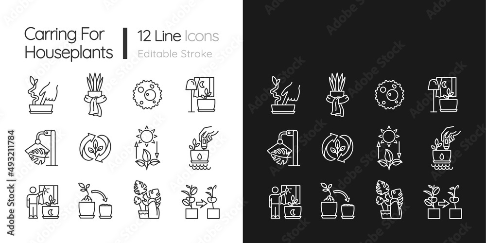 Caring for houseplants linear icons set for dark, light mode. Correct watering and light. Thin line symbols for night, day theme. Isolated illustrations. Editable stroke. Quicksand-Light font used