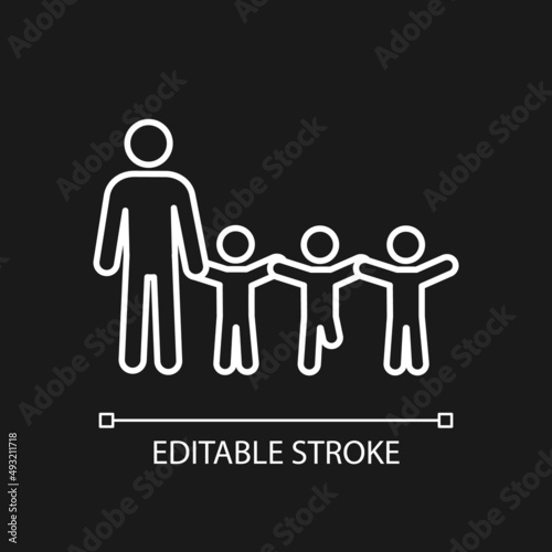 Inclusive education teacher white linear icon for dark theme. Teach kid with disability. Integration  equality. Thin line illustration. Isolated symbol for night mode. Editable stroke. Arial font used