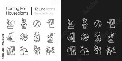 Caring for houseplants linear icons set for dark, light mode. Correct watering and light. Thin line symbols for night, day theme. Isolated illustrations. Editable stroke. Quicksand-Light font used