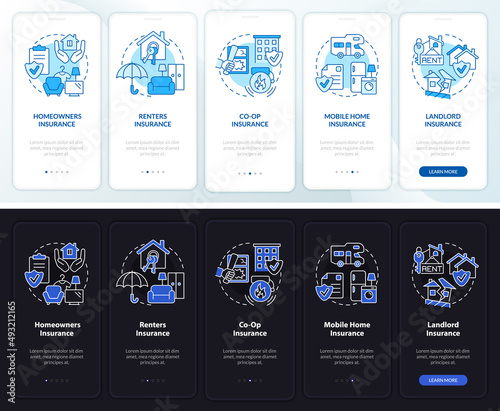 Property insurance night and day mode onboarding mobile app screen. Walkthrough 5 steps graphic instructions pages with linear concepts. UI, UX, GUI template. Myriad Pro-Bold, Regular fonts used