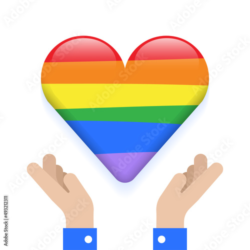 Two Hands Hold Pride Heart on Hand Isolated Love Peaceful Caring lgbtqia Equality Concept Cartoon Vector 3d reflect Illustration