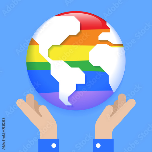 Two Hands Hold Pride World Earth Planet on Hand Isolated Equality lgbtqia+ Concept Cartoon Vector 3d reflect Illustration