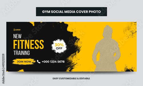 Fitness gym training social media cover photo template. Gym agency social media timeline web banner 