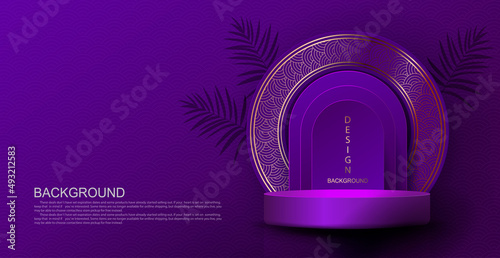 Purple texture composition with a stage and a round frame in gold color