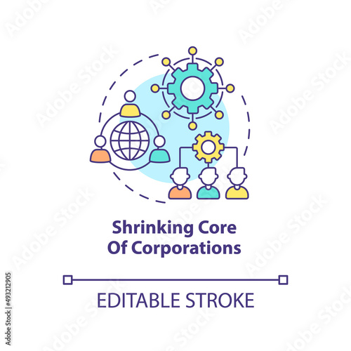 Shrinking core of corporations concept icon. Trends in enterprise abstract idea thin line illustration. Isolated outline drawing. Editable stroke. Arial, Myriad Pro-Bold fonts used