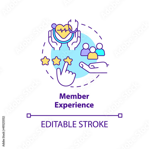 Member experience concept icon. Customer service. Healthcare macro trends abstract idea thin line illustration. Isolated outline drawing. Editable stroke. Arial, Myriad Pro-Bold fonts used