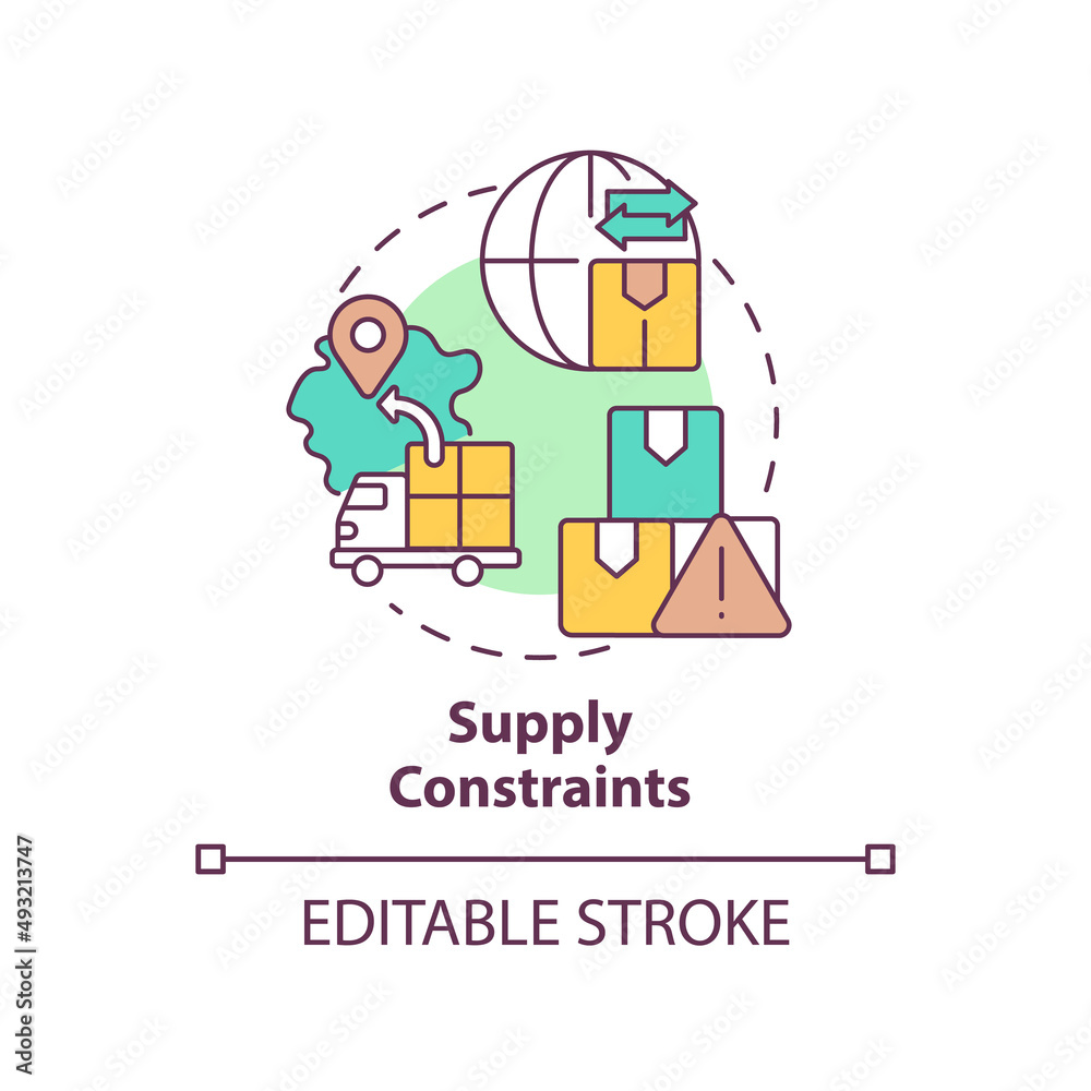 Supply constraints concept icon. Products keeping and delivery. Macro economy trends abstract idea thin line illustration. Isolated outline drawing. Editable stroke. Arial, Myriad Pro-Bold fonts used