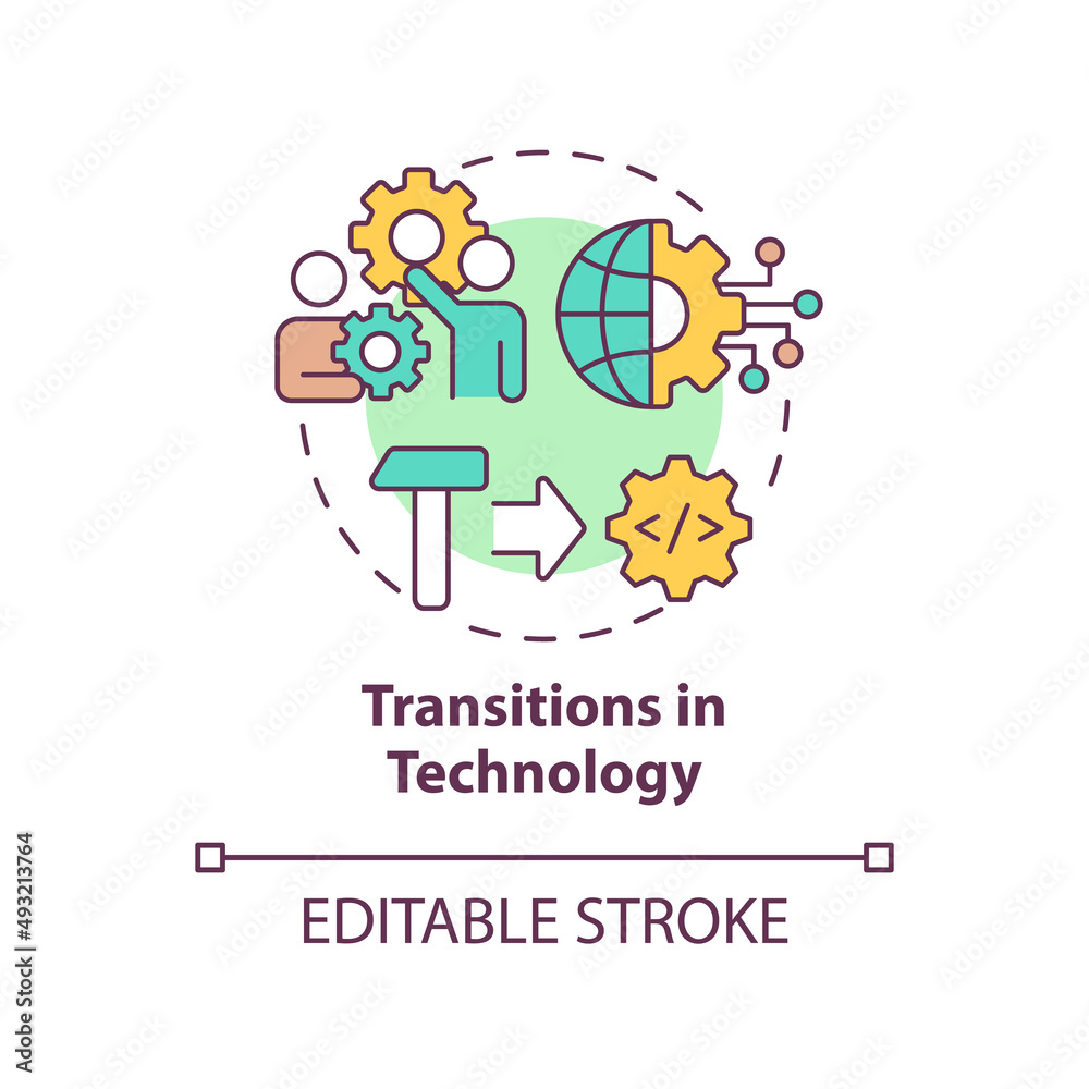 Transitions in technology concept icon. Business digitization. Macro economy trends abstract idea thin line illustration. Isolated outline drawing. Editable stroke. Arial, Myriad Pro-Bold fonts used