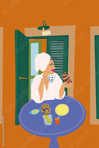 Beautiful woman in bathrobe and towel on her head having a breakfast with coffee and croissants, sitting by the table at terrace near the hotel or house. Vector illustration