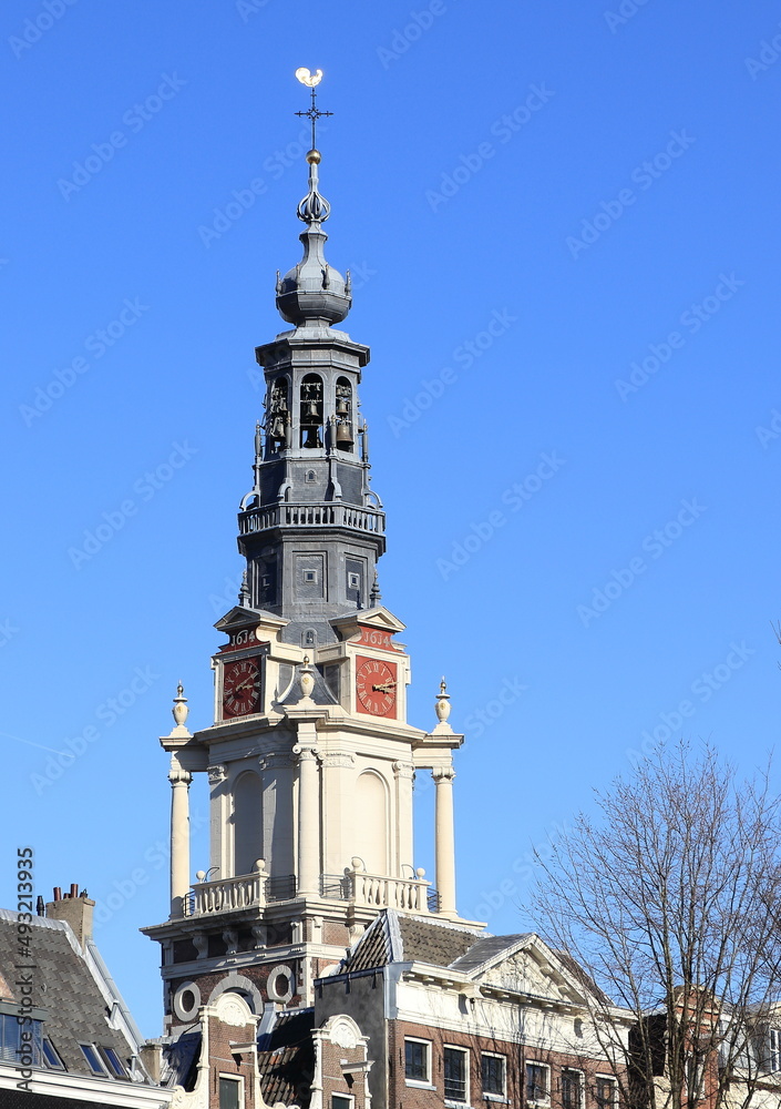 Amsterdam Historic Zuiderkerk Church Tower Close Up with Blue Sky, Netherlands