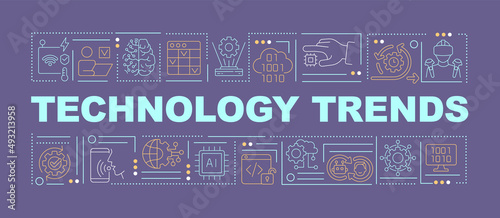 Current trends in technology word concepts purple banner. Digital industry. Infographics with icons on color background. Isolated typography. Vector illustration with text. Arial-Black font used