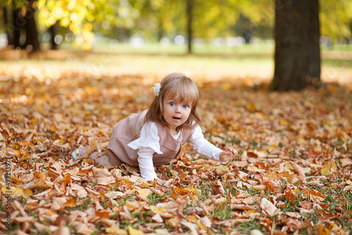 Portrait of little girl playing outdoors. Autumn