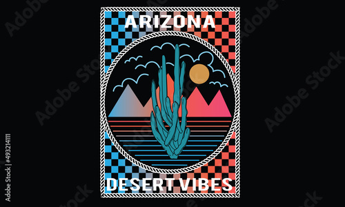 Colorful arizona desert graphic print design for t shirt, poster, sticker and others. Square box with cactus vector artwork design. 