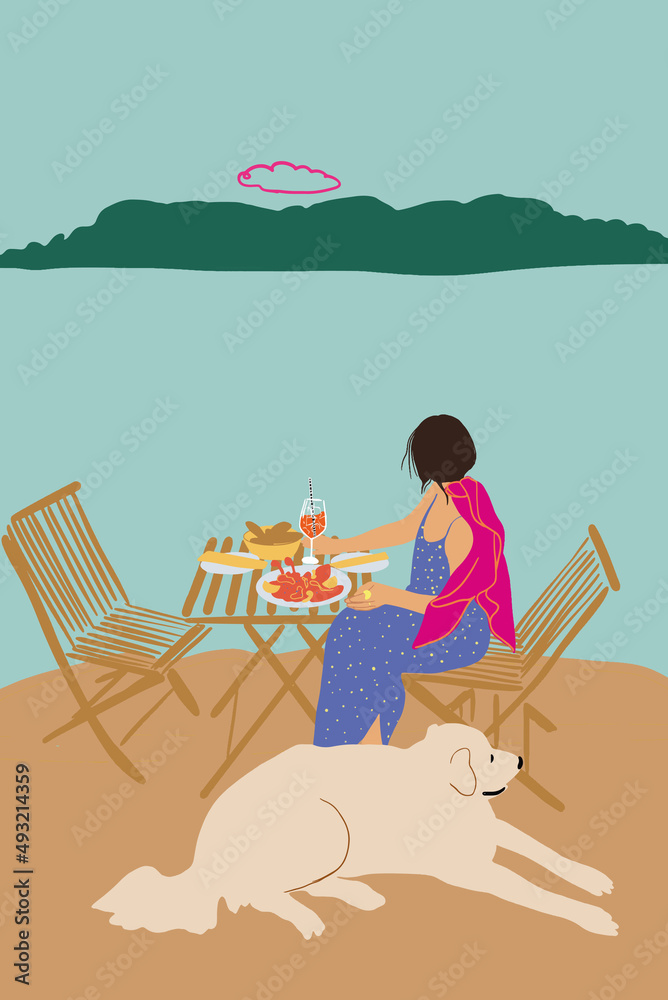 Fototapeta premium Woman enjoying beautiful seascape with island on background, sitting at the table with dog and having mediterranean lunch. Vector illustration