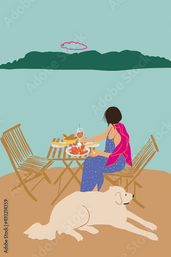Woman enjoying beautiful seascape with island on background, sitting at the table with dog and having mediterranean lunch. Vector illustration