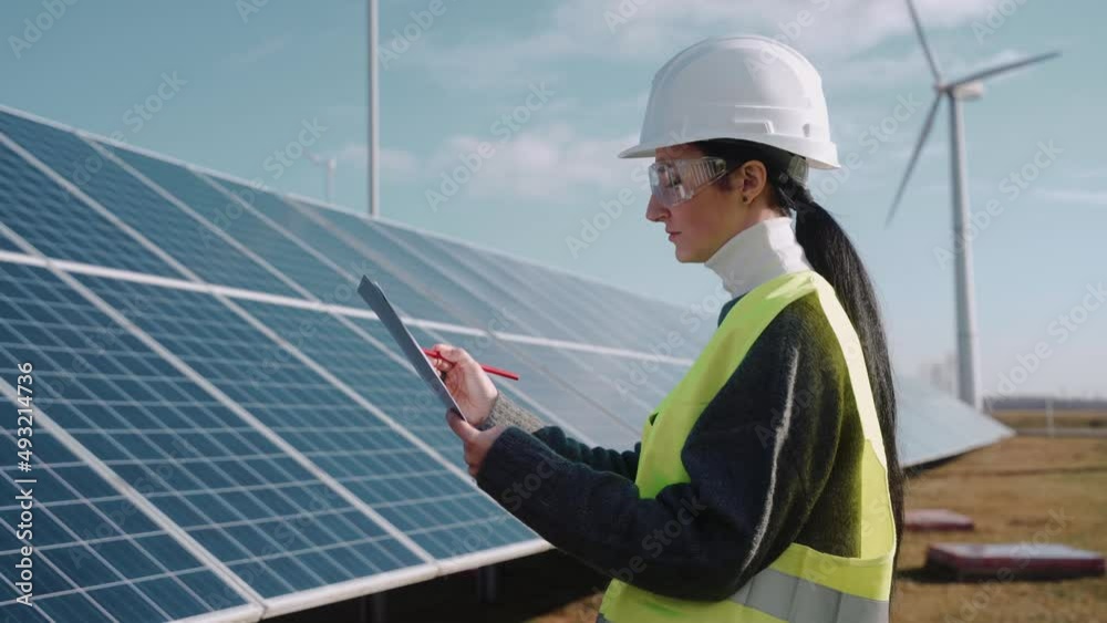 Close up of female ecological engineer checking the operation of solar panels. Environment engineer works at the power station, wearing safety vest, recording information. High quality 4k footage Close up of female ecological engineer checking the operation of solar panels. Environment engineer works at the power station, wearing safety vest, recording information. High quality 4k footage