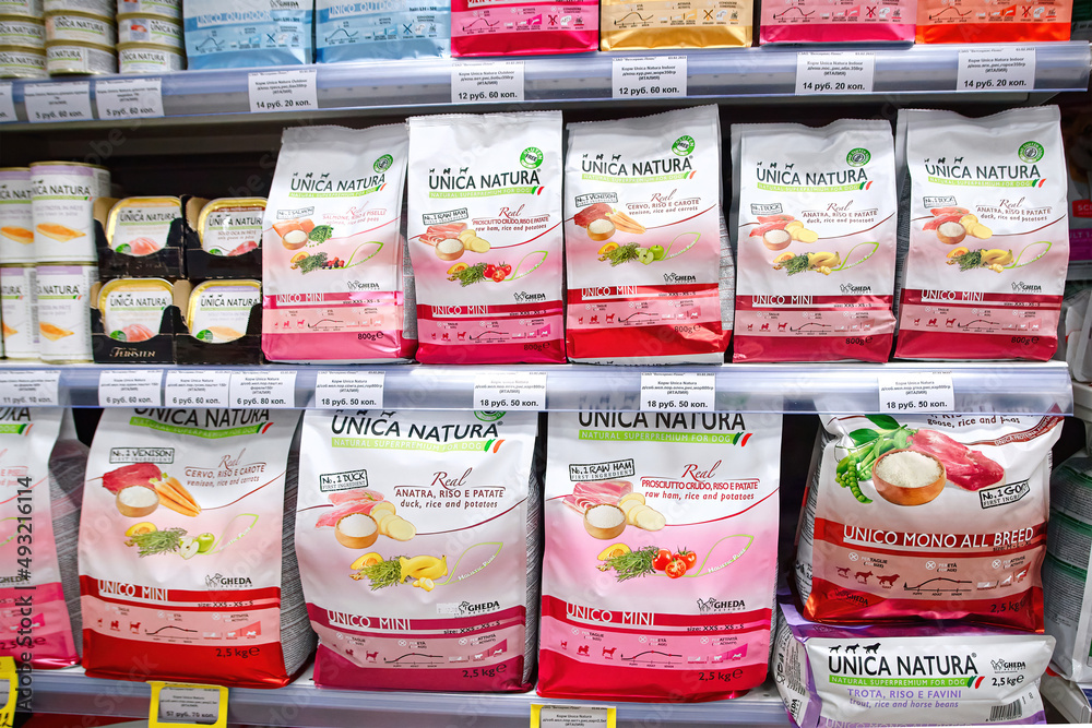Minsk Belarus. Feb 2022. Pet food Unica Natura Italy brand on display at pet store. Dog
