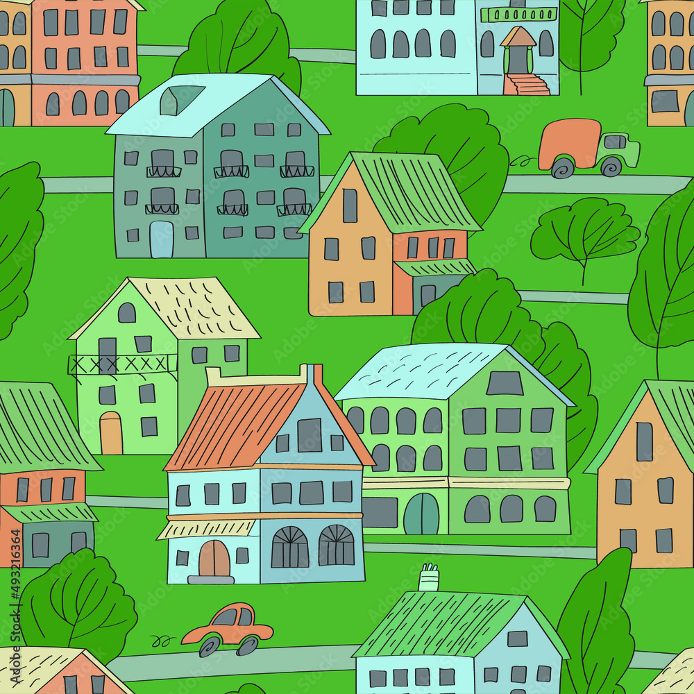 Summer city seamless pattern. Cute houses, roads, cars, trees, grass areas background in town. Doodle style with black stroke. 