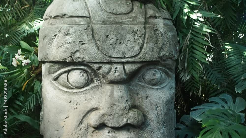 Olmec Sculpture Carved From Stone Mayan Symbol Big Stone Head Statue In A Jungle Stock Video