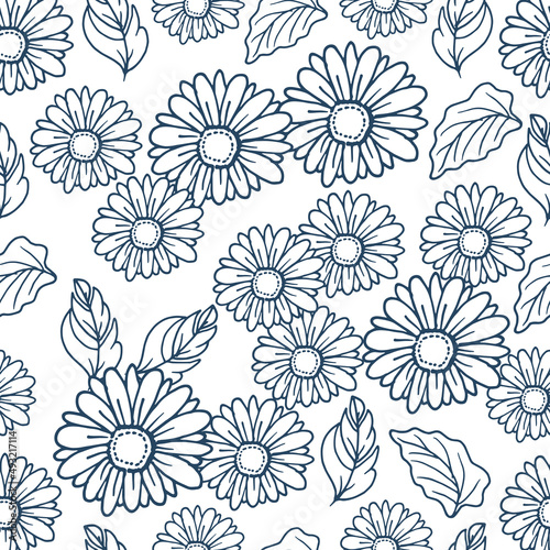 chamomile flower with leaf illustration on white background. hand drawn vector. blue outline  monochrome style. seamless pattern with flower and leaf. wallpaper  wrapping paper and gift  fabric. 