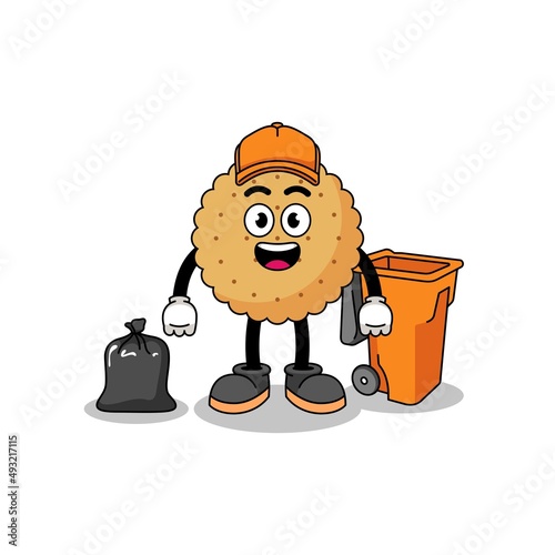 Illustration of biscuit round cartoon as a garbage collector