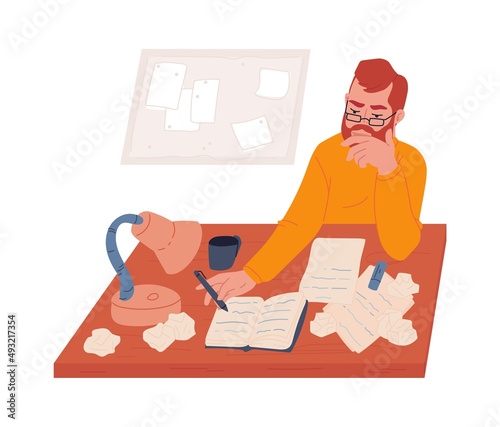 The man is intently reading a book, making notes. A writer at work. A flat cartoon illustration isolated on a white background.