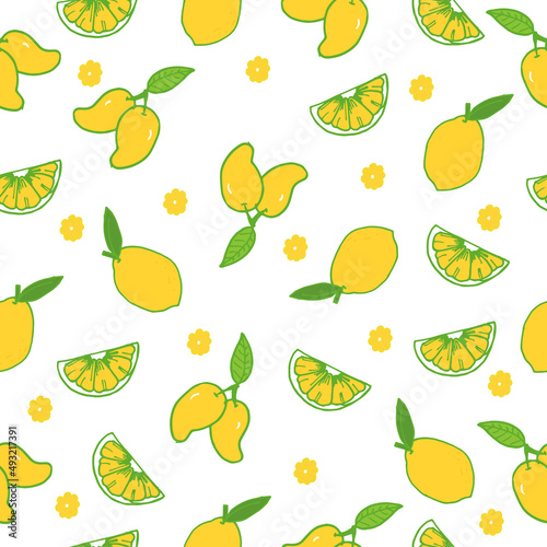 sweet and sour fruit icon. seamless pattern with lemon and mango fruits illustration on white background. hand drawn vector. yellow bright color. wallpaper, wrapping paper and gift, fabric, textile. 